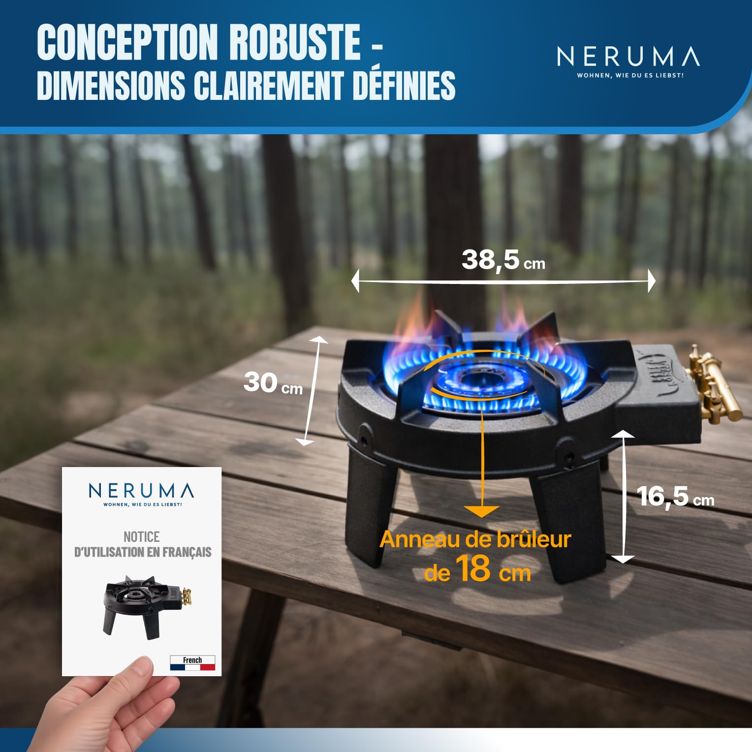 Réchaud à gaz en fonte 3 feux pour camping et extérieur, brûleur puissant pour wok et casseroles 20–36 cm, avec tuyau et détendeur