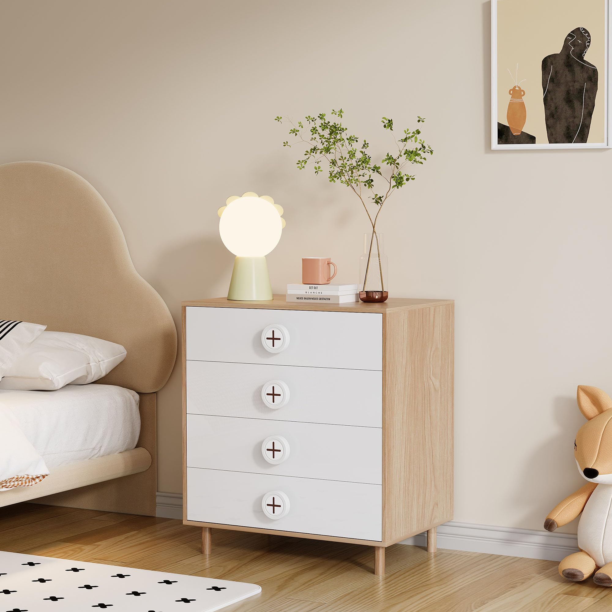 HAINEW Komoda, stolik nocny z 4 szufladami, szafka do przechowywania, duża przestrzeń do przechowywania, 80 x 54 x 90 cm, kolor drewna + biały, HNDE25112405