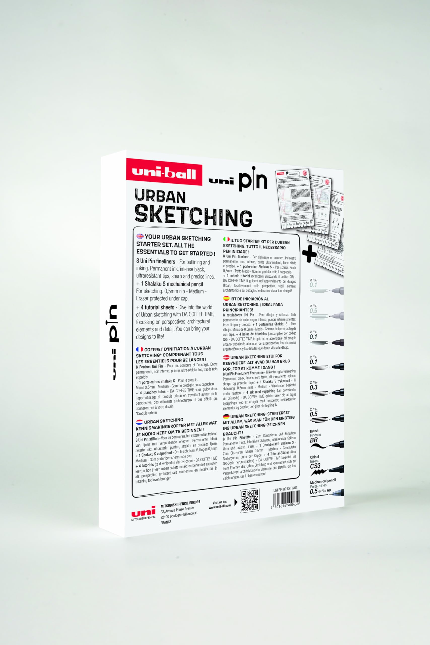 UNIBALL PIN, Urban Sketching 8 Feutres +1 Porte-Mines - Ecriture et Dessin | Uni Mitsubishi Pencil - Initiation à l'Urban Sketching : Pointes Calibrées et Brush, Porte-Mines Shalaku S + 4 Planches Tuto