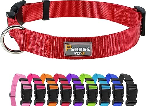 PENSEEPET Collar de perro rojo básico ajustable para cachorros, perros pequeños, medianos y grandes, con collar de nailon transpirable de liberación