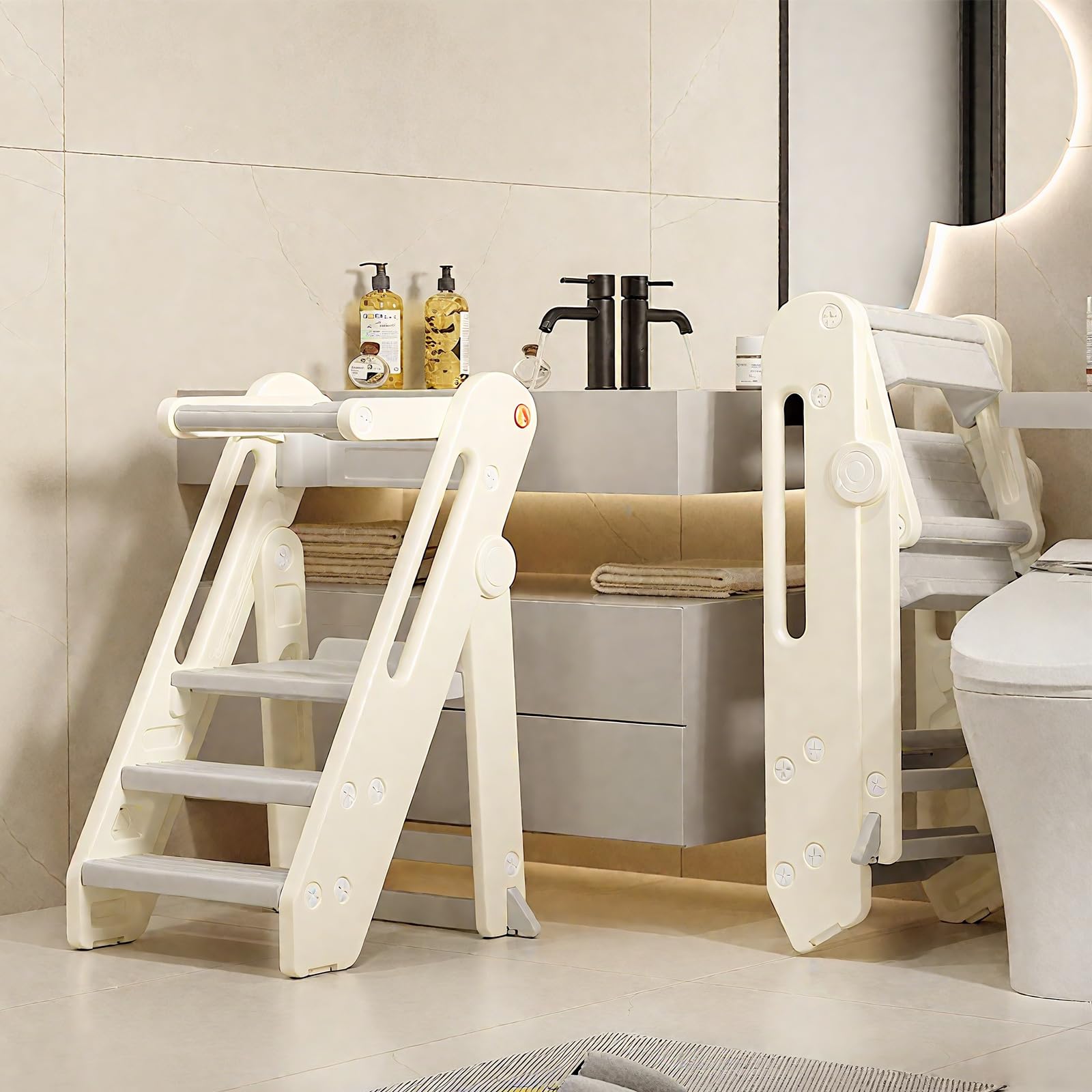 Torre de Aprendizaje para Niños, Taburete Infantil Plegable de Altura Ajustable con Barandilla y Asas, Escalera de Cocina y Baño Antideslizante para Niños – Beige, 52×54×83 cm