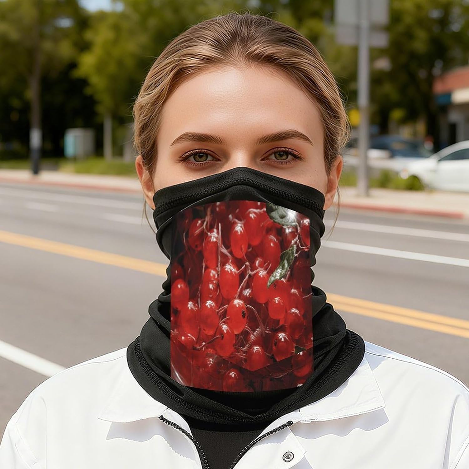 Red Fruits and Leaves Face Mask for Men Women,Neck Gaiter Sunscreen Breathable,Face Cover for Skiing Fishing Hiking Cycling