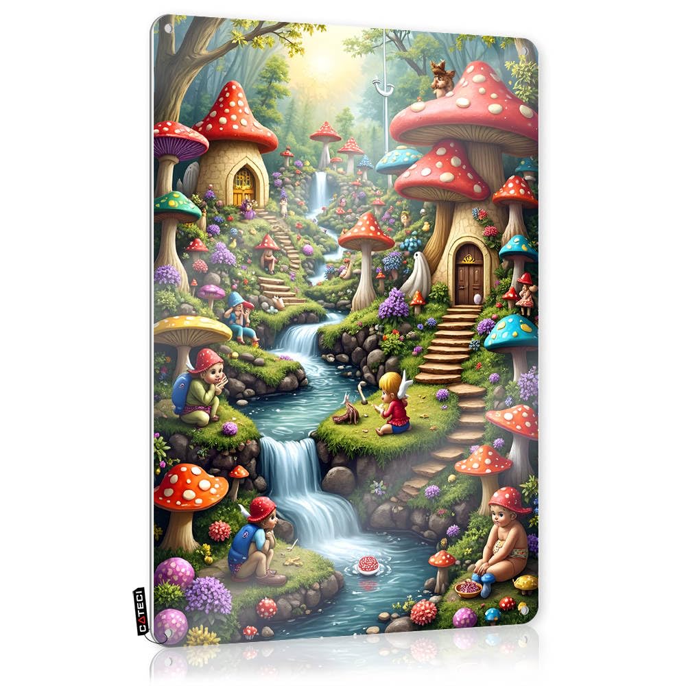 Fzfn Colour Stuff Poster Rustic Sweet | Enchanted Mushroom Village With Fairies By The Stream Novelty Metal Wall Decor For Scoreboard Home(30X40cm)