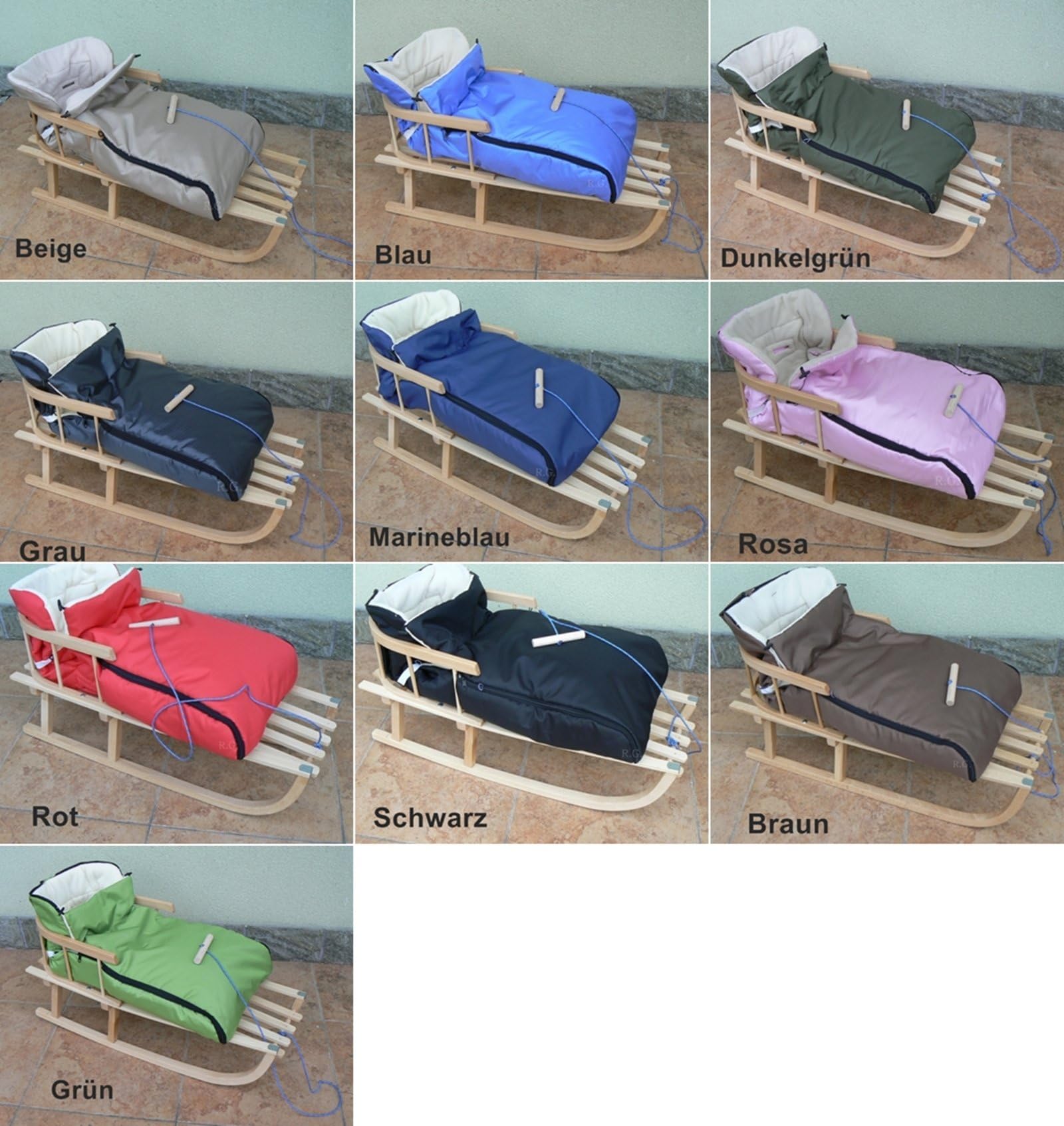 Holzschlitten mit Rückenlehne mit Winterfußsack 90cm 10 Farben Schlitten aus Holz