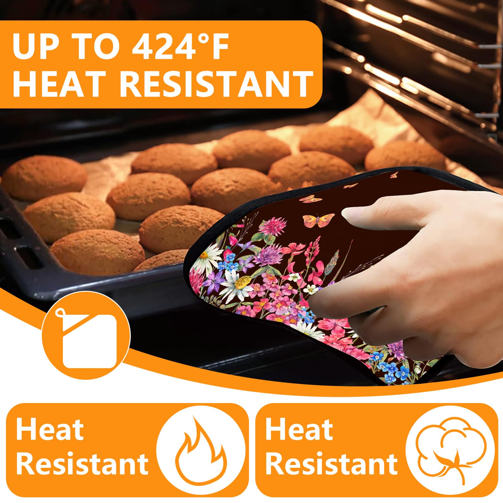 Wildflowers - Juego de 4 manoplas de horno y soportes para ollas, guantes de horno extralargos para cocina, cocina, hornear, barbacoa, 100% algodón resistente al calor 4