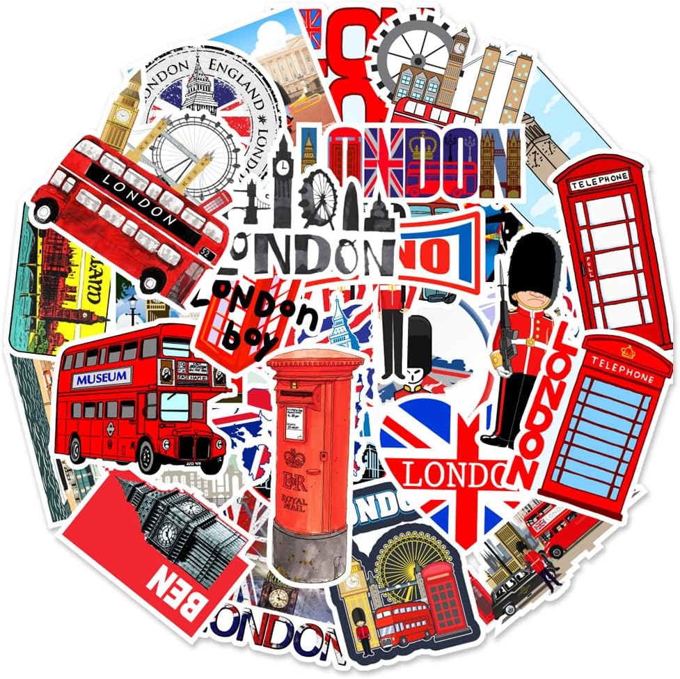 50 PCS London Red Buses Stickers Laptop Stickers,London England Vacation Travel Waterproof Sticker Kids Stickers for Motorcycle,Bicycle,Luggage,Phone,Water Bottle,Skateboard,Graffiti Patches…