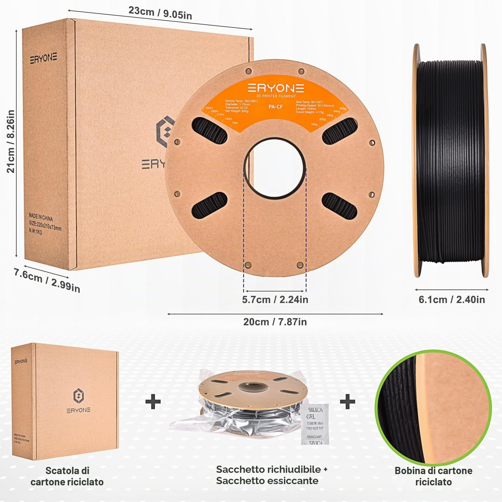 ERYONE Filamento in nylon PA12 in fibra di carbonio 1.75mm +/- 0.03mm per stampante 3D, 800 g/bobina