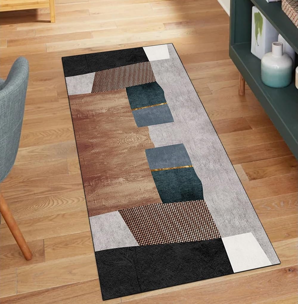 Alfombra larga gris y marrón de 50x250 cm lavable para pasillos y cocinas