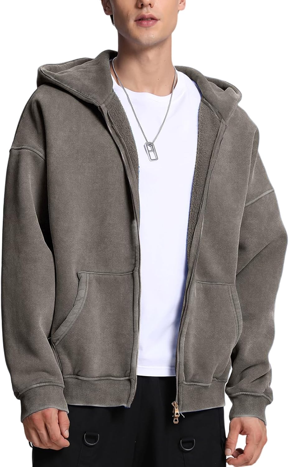 FAIABLE Mens Womens Double Zip Up Hoodie Oversized Acid Wash Hoodie Heavyweight Fleece Cotton Zipper Sweatshirt Vintage - Image 2