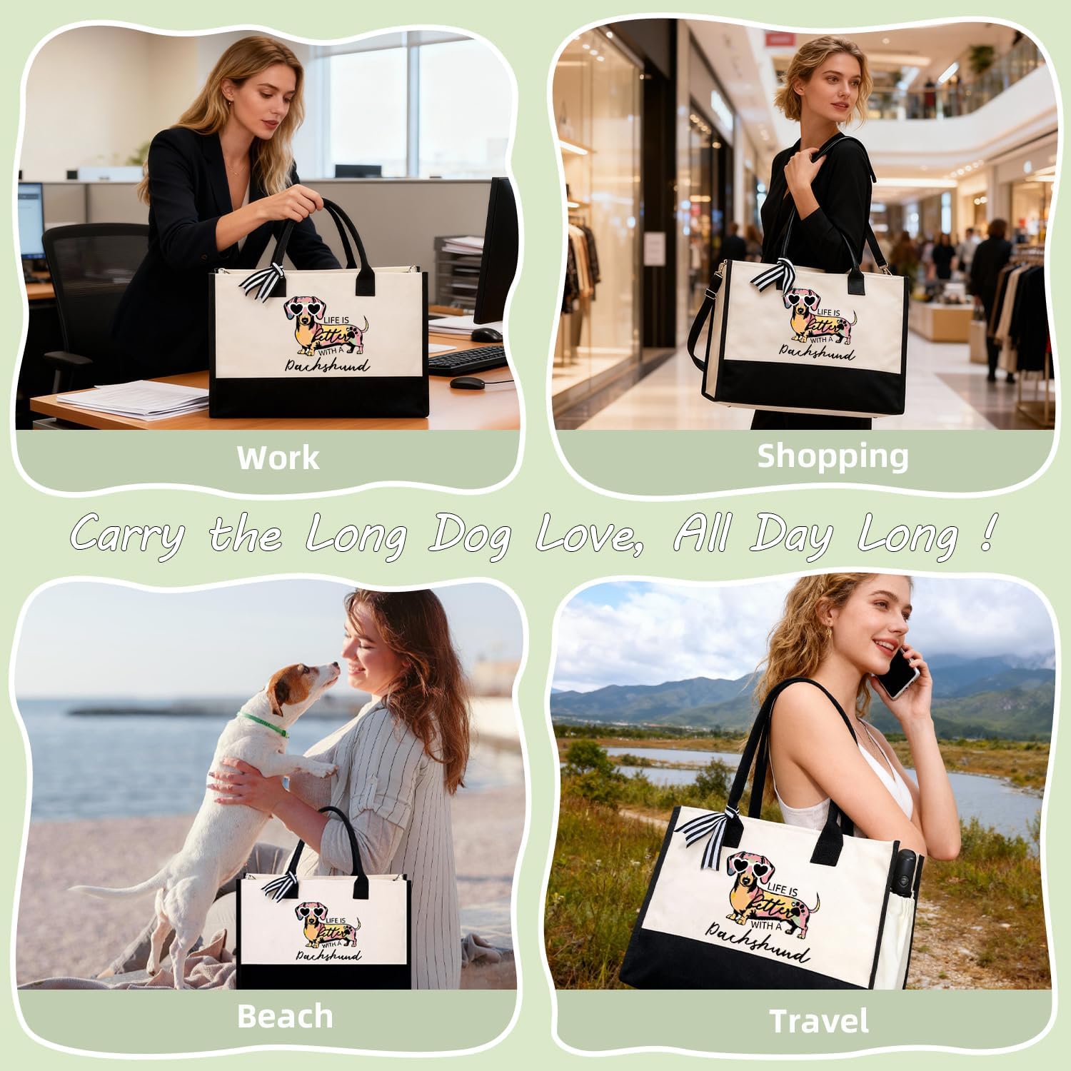 Dachshund Gifts for Women, Weiner Dog Canvas Tote Bag with Zipper for Dachshund Lovers Travel, Shopping, Beach – Perfect Weenie Dog Gifts for Mother's Day, Christmas, Birthday