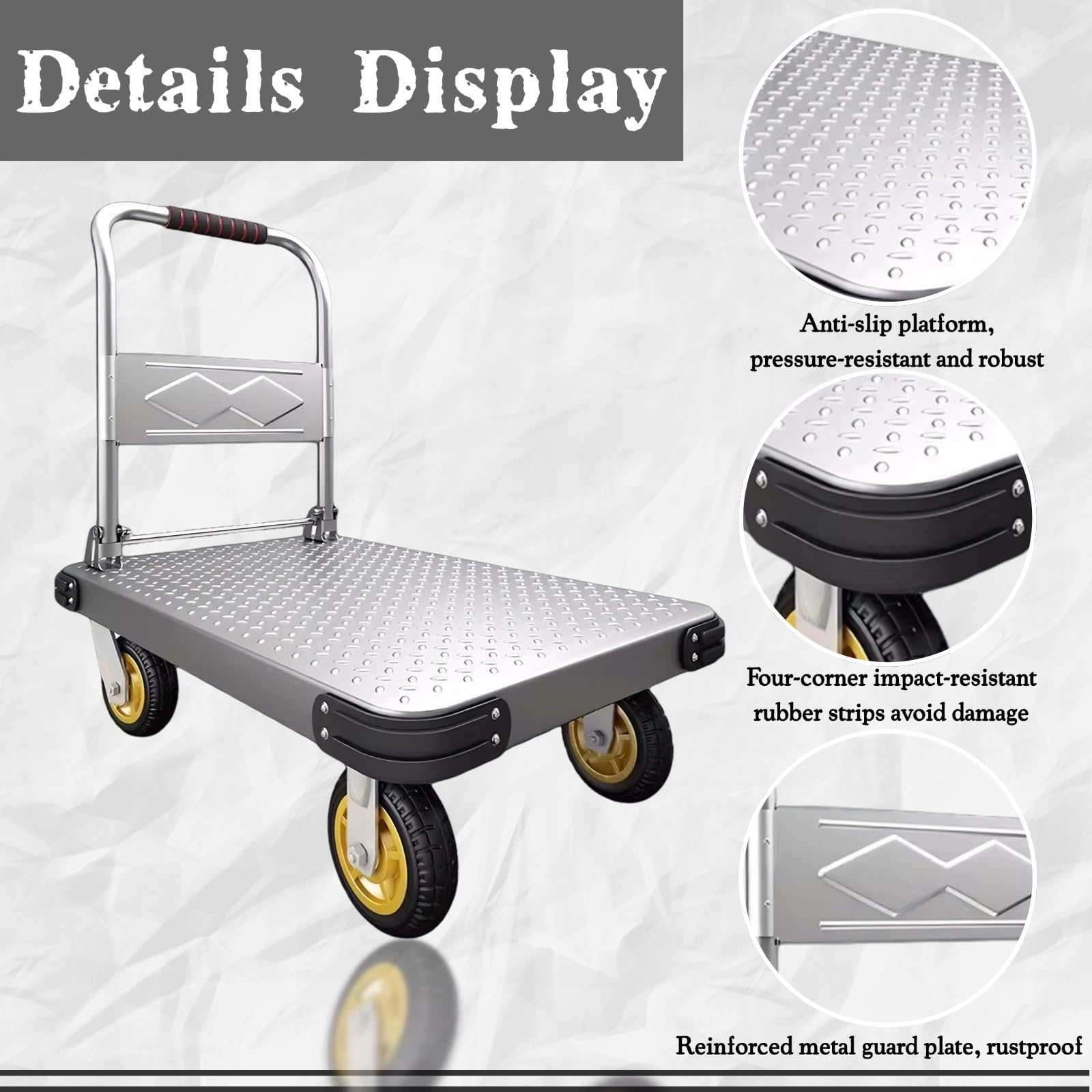 Schwerlast Klappbarer Plattformwagen – 500kg Tragkraft, Stahl transportwagen mit Rutschfester Plattform für Baustelle, Lager und Großgarten(Size:90x60cm)