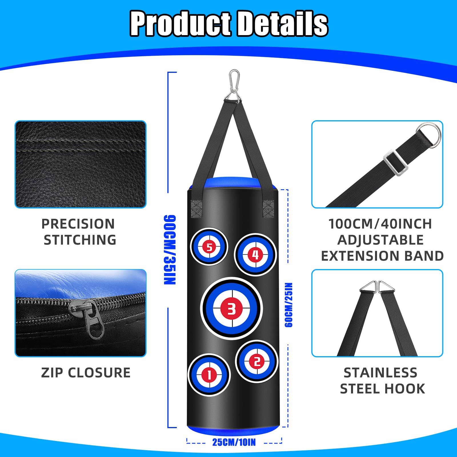 Boxsack Gefüllt Hängend Set, Boxsack Kinder 60 cm, Microfiber Leder Schwere Tasche für das Training Kickboxen Fitness MMA Grappling Muay Thai
