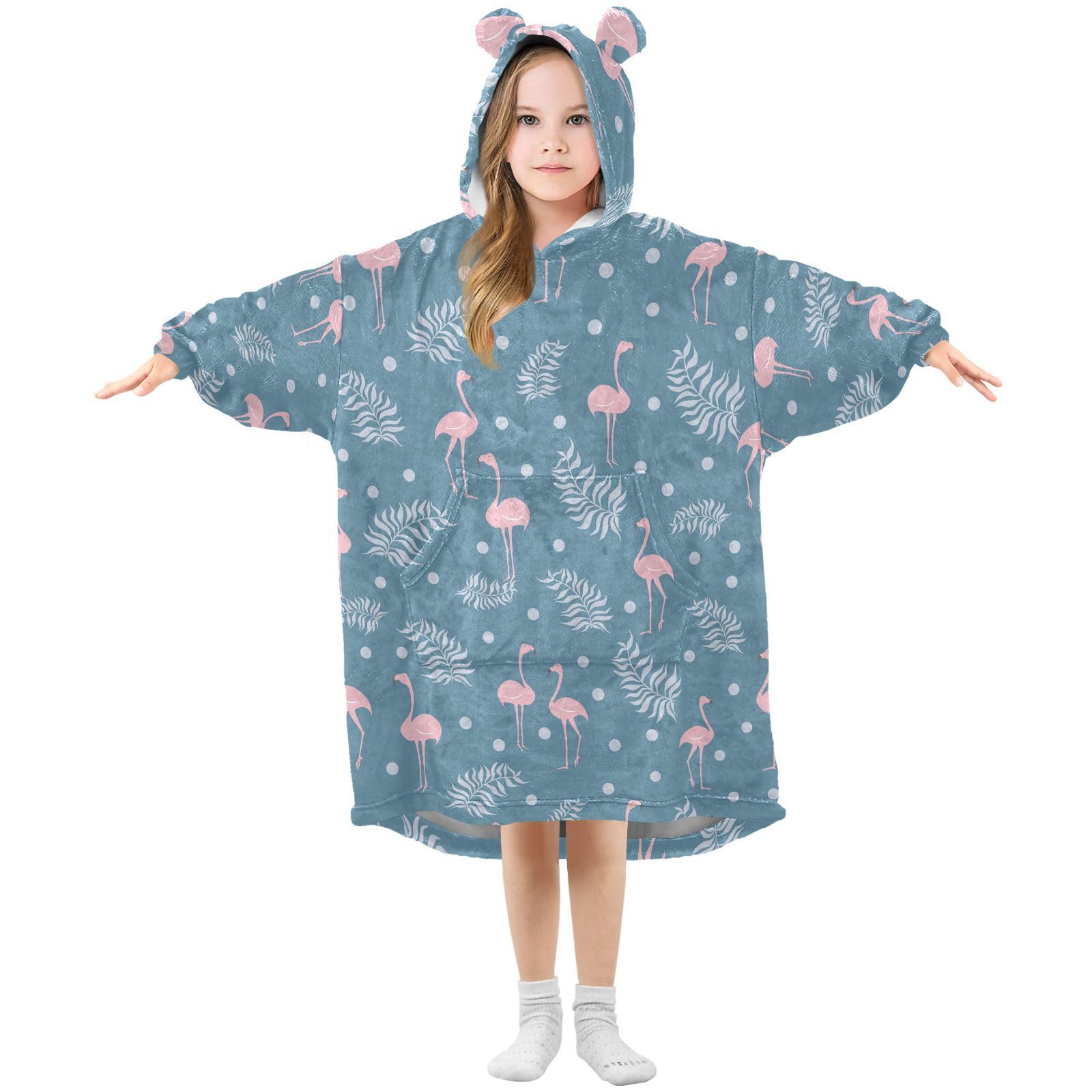 Oversized Blanket Hoodie for Kids Adult Girls Boys, Fleece Hoodie Blanket Flamingo and Plant Foliage Super Warm Plush Wearable Blanket Hoodie Sweatshirt with Roomy Pocket, Small