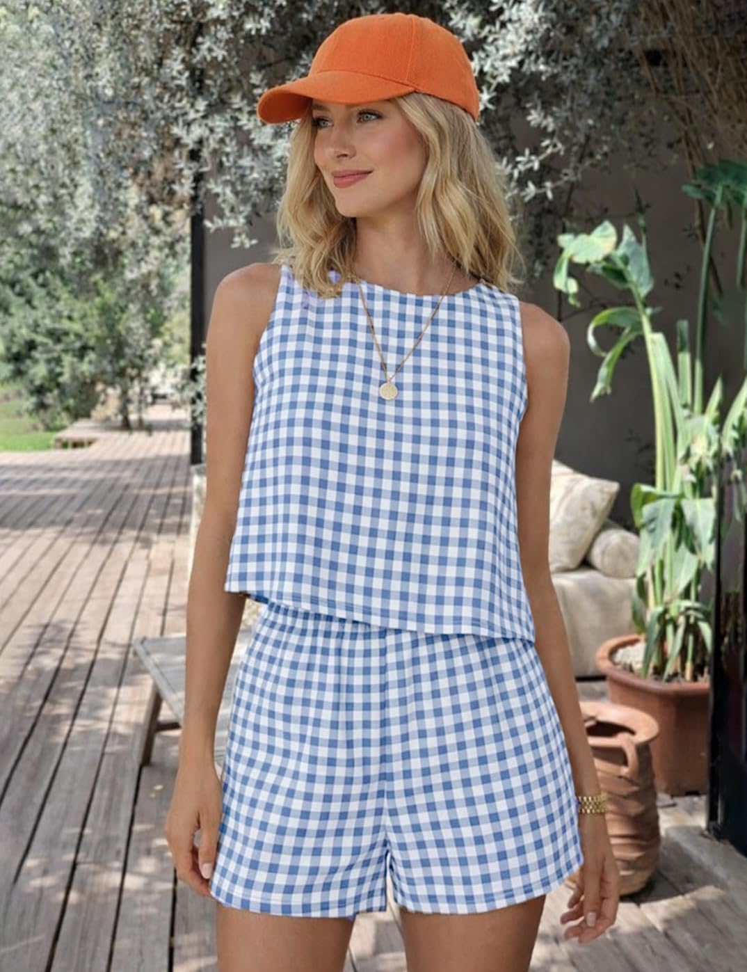Kinghua Two Piece Sets for Women Spring Summer Beach Crop Gingham Tank Tops and Plaid Shorts Cotton Pajama Sets