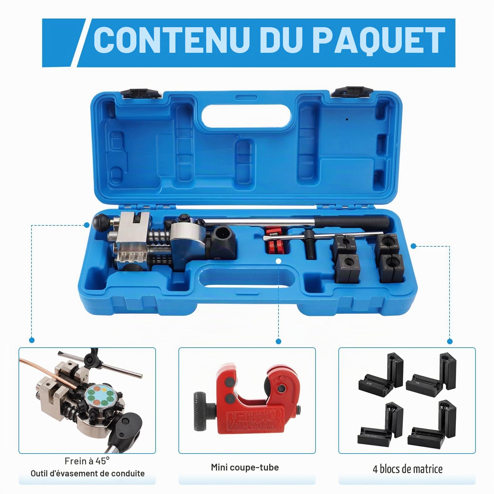 Évaseur pour conduites de frein, conduite de frein à 45 °, outil d'évasement pour évasement simple, à bulles et double (diamètre 4,75 mm/6,35 mm/8 mm/9,5 mm) bleu