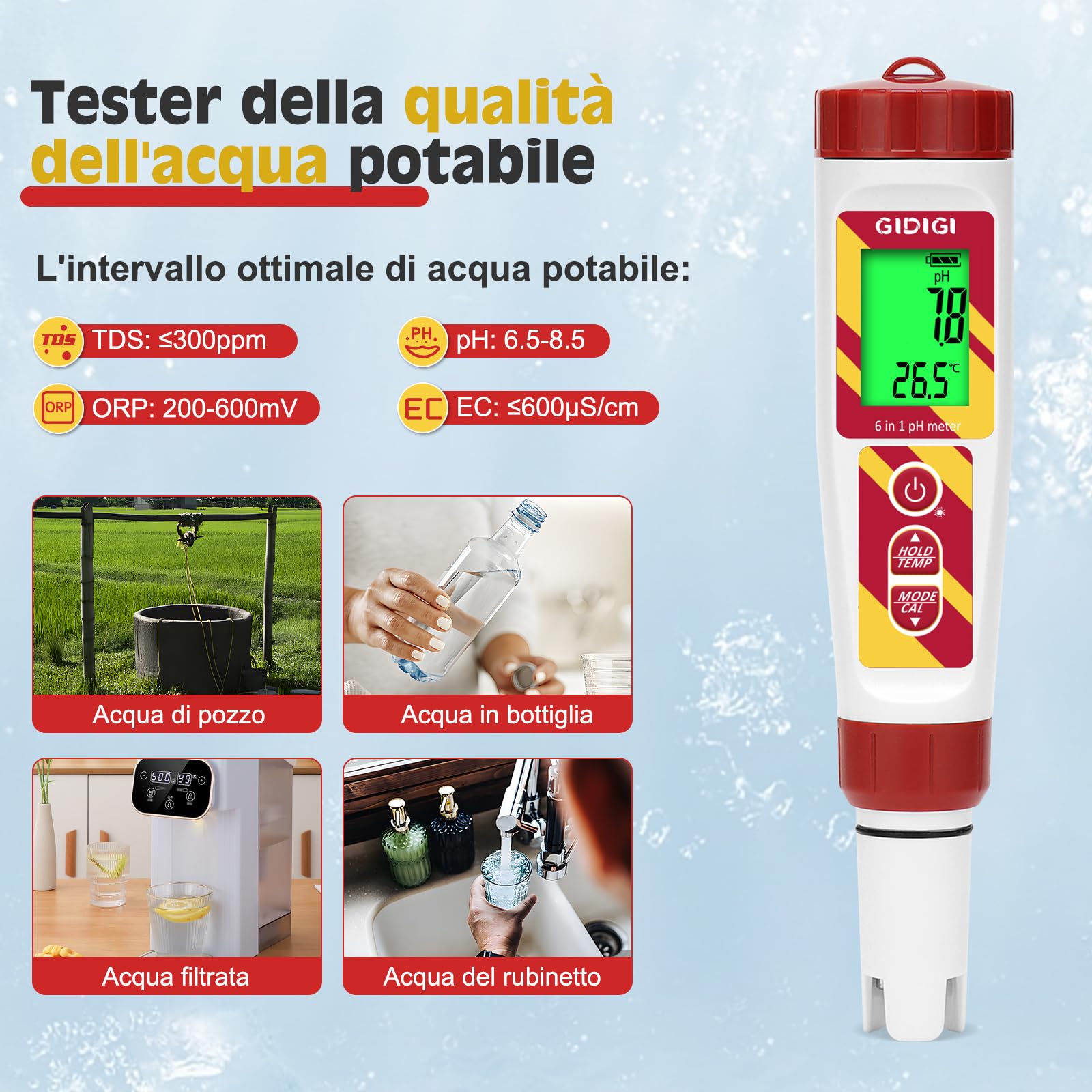 Misuratore pH digitale, 6 in 1 TDS EC Sale Temperatura pH ORP Tester con ORP 222mV Soluzione di calibrazione per piscina, spa, acqua potabile, idroponica, acquacoltura, trattamento delle acque,birra