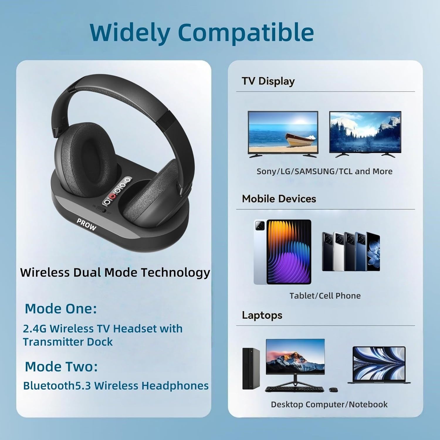 Wireless TV Headphones, 2.4G And Bluetooth 5.3 Dual Mode Elderly TV Wireless Headset, No Lip-sync Delay Over-ear Loud Headphones, Elderly Friendly With Transmitter Dock, Support Optical/USB/RCA/BT - Image 4