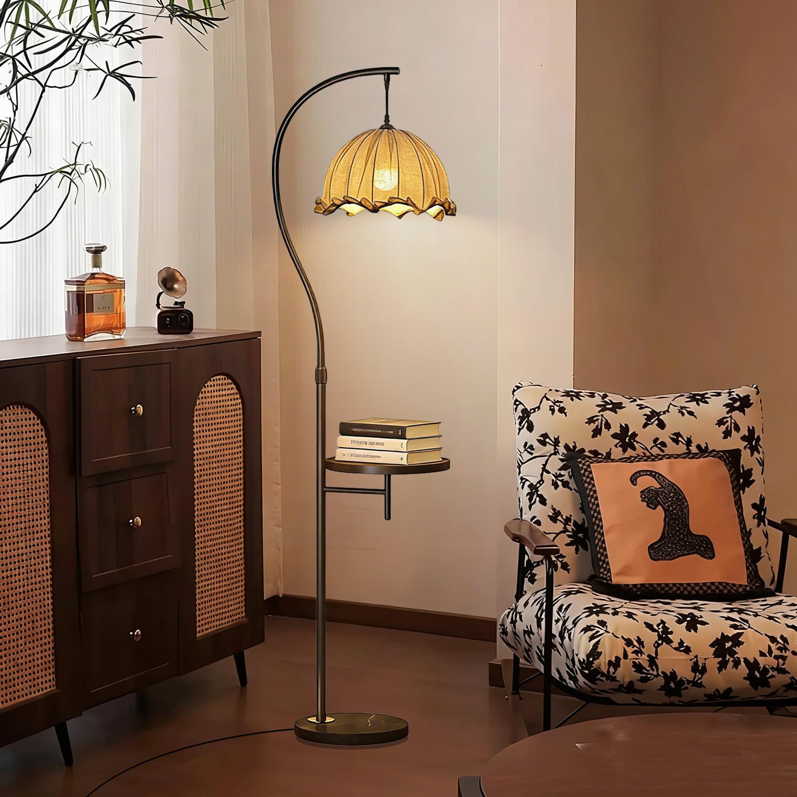 Lámpara de pie vintage con mesa, estilo retro, con pantalla de lino, ajustable, con bandeja, casquillo E27, 3 temperaturas de color e interruptor. Luz de lectura para dormitorio