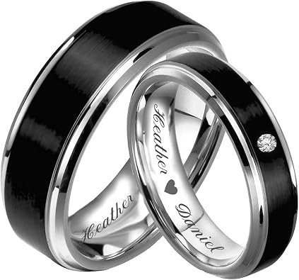 Personalized Black & Silver Ring Set Custom Engraved Free - Stainless Steel Wedding Bands - His & Hers Couples Ring Set, Free Engraving In Any Language - Ships From USA