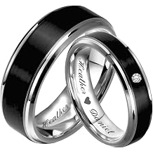 Personalized Black & Silver Ring Set Custom Engraved Free - Stainless Steel Wedding Bands - His & Hers Couples Ring Set, Free Engraving In Any Language - Ships From USA