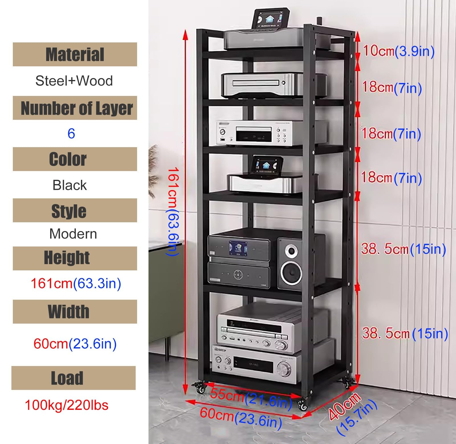 Wysokie Stojaki Stereo I Stojaki Na Kółkach, Szafka Do Przechowywania Multimediów, Czarny Nowoczesny Stojak Na Komponenty Stereo, Stojak Na Sprzęt Audio-Wideo（6 Tier-60Cm Wide）
