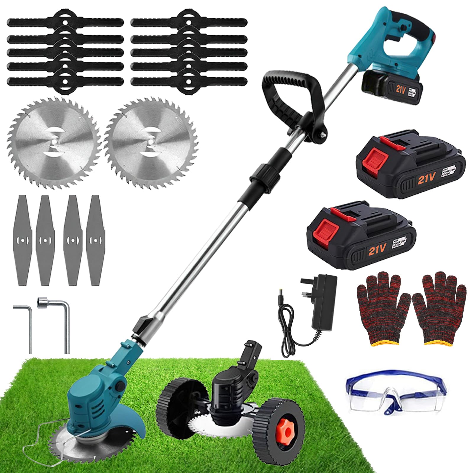 Coupe Bordure sans Fil,Debroussailleuse Electrique sans Fil,Debroussailleuse avec 2 Batteries Et Un Chargeur,Poignée Réglable,4 Types Lames Efficace pour Jardin Pelouse et Désherbage Facile (Bleu)