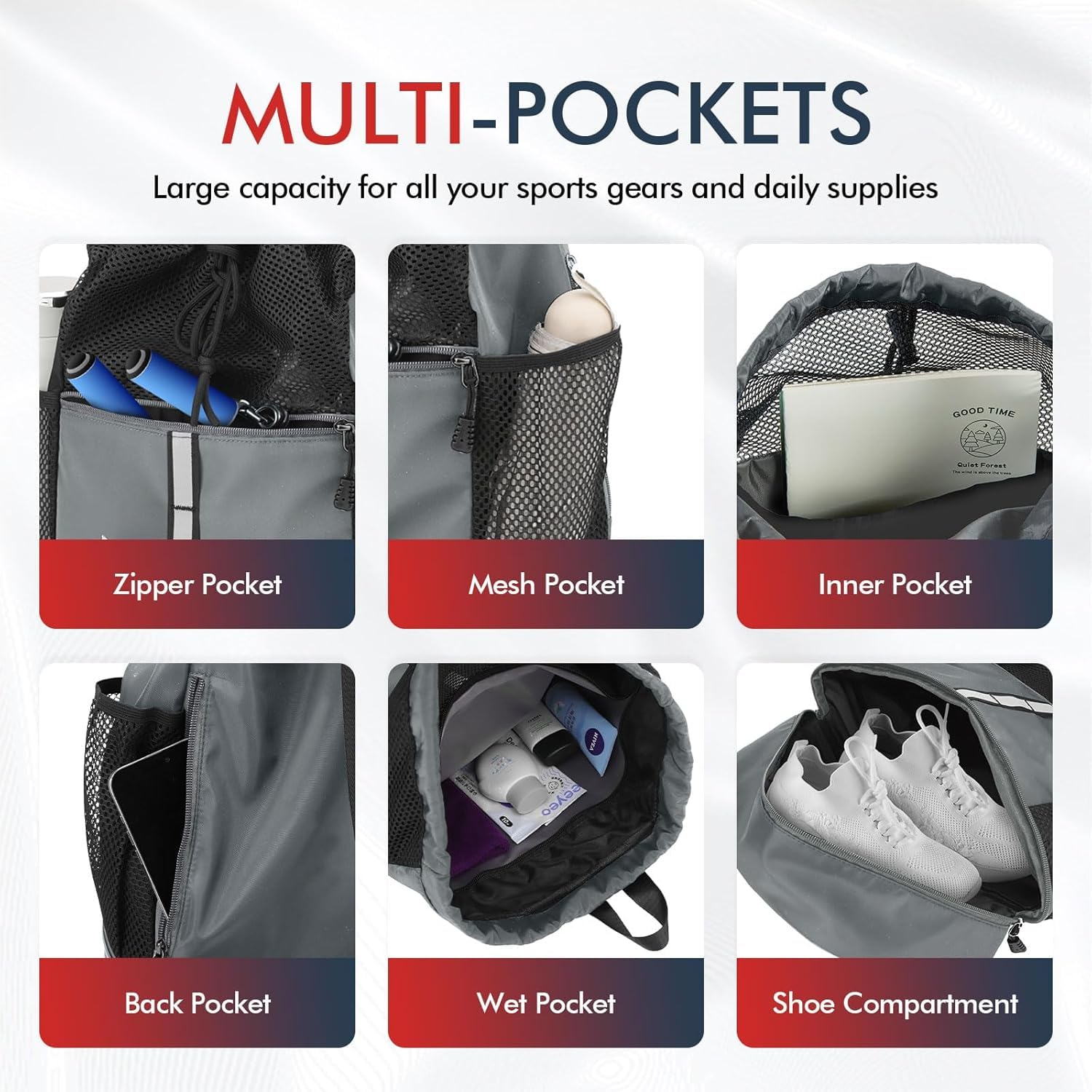 Borsa da palestra con coulisse, per uomo e donna, zaino sportivo in rete, con scomparto bagnato e scomparto per scarpe, borsa leggera da spiaggia e nuoto