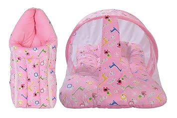 Baby Cotton Bedding Set with Mosquito Net and 1 Baby Sleeping Bag Combo Gift for New Born Baby (Giraffe Print, Single Size) (Pink)