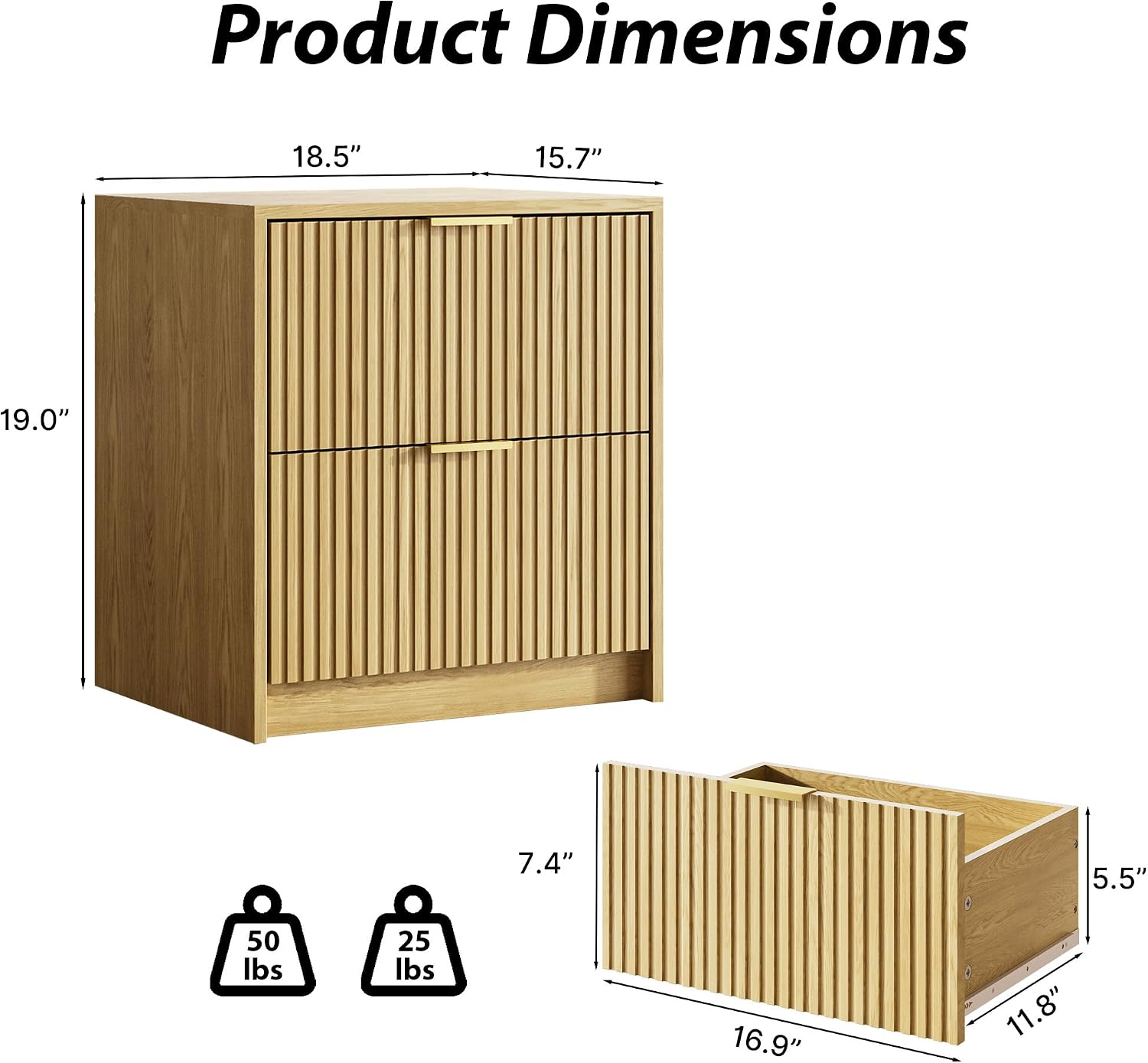 Fluted Nightstands Set of 2 with 2 Drawers, 19.6" Modern Storage Bedside Table with Golden Metal Handles, Nature