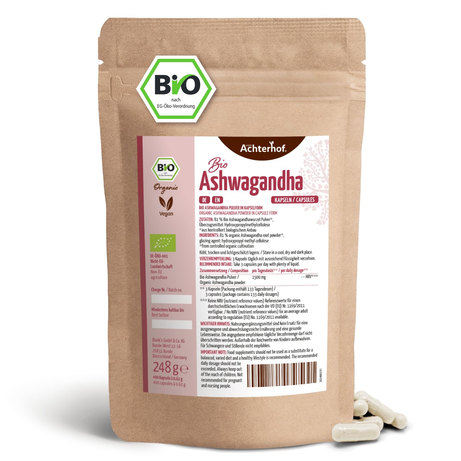 Gélules d'ashwagandha bio 400 pièces | Recharge | poudre d'ashwagandha finement moulue sous forme de gélules | qualité biologique certifiée | rôle important dans l'ayurvéda indien | vom Achterhof