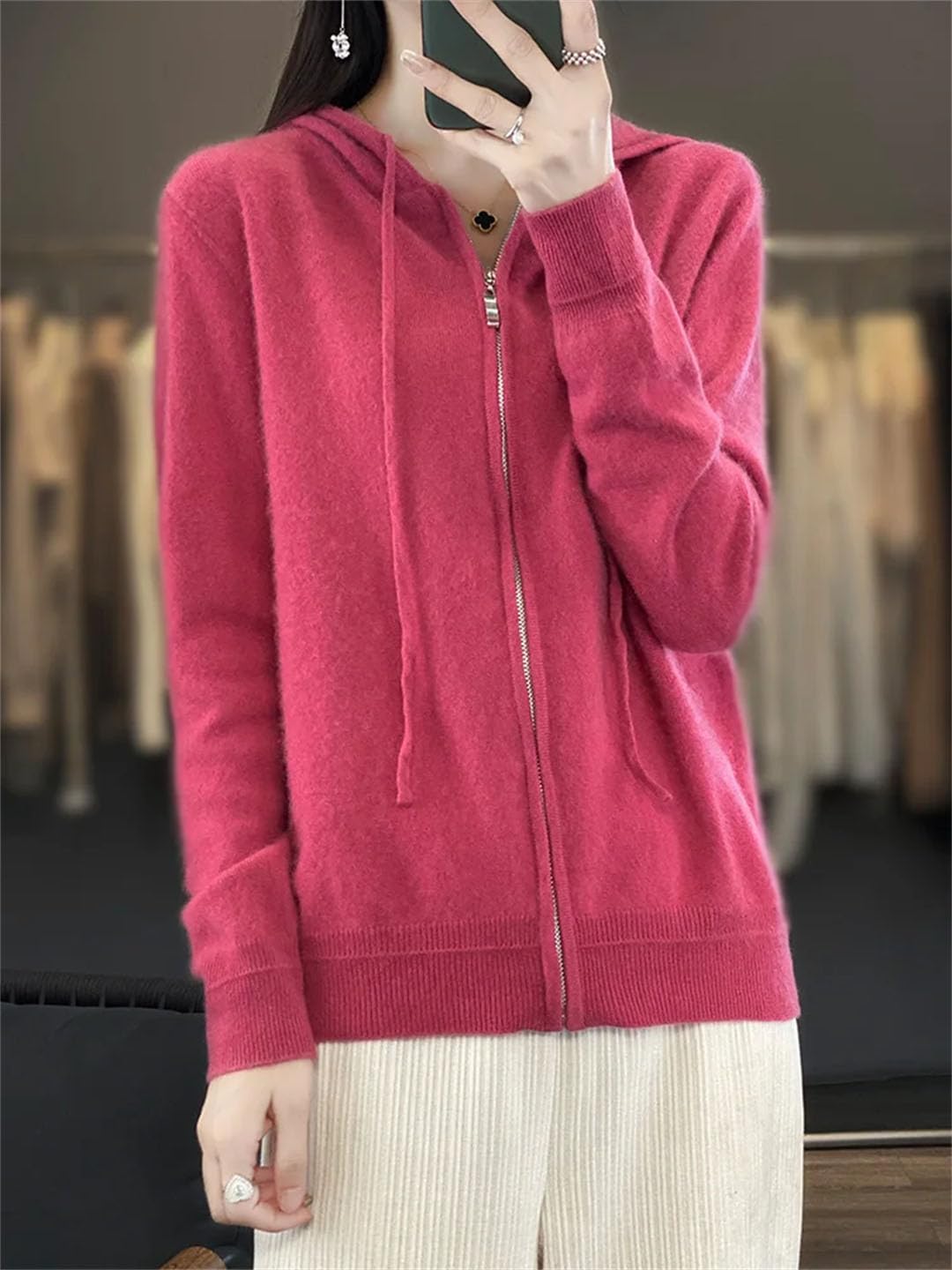Cardigan da donna con cappuccio e cerniera, a maniche lunghe, in cashmere, lavorato a maglia