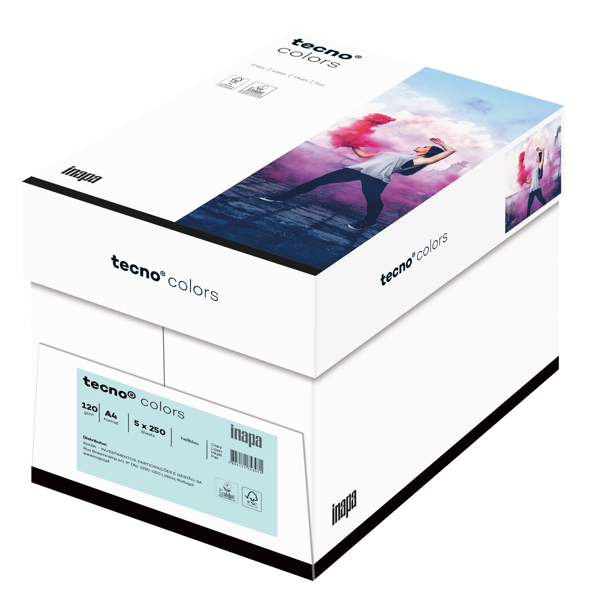 inapa farbiges Druckerpapier, buntes Papier tecno Colors: 120 g/m², A4, 1.250 Blatt (5x250), hellblau