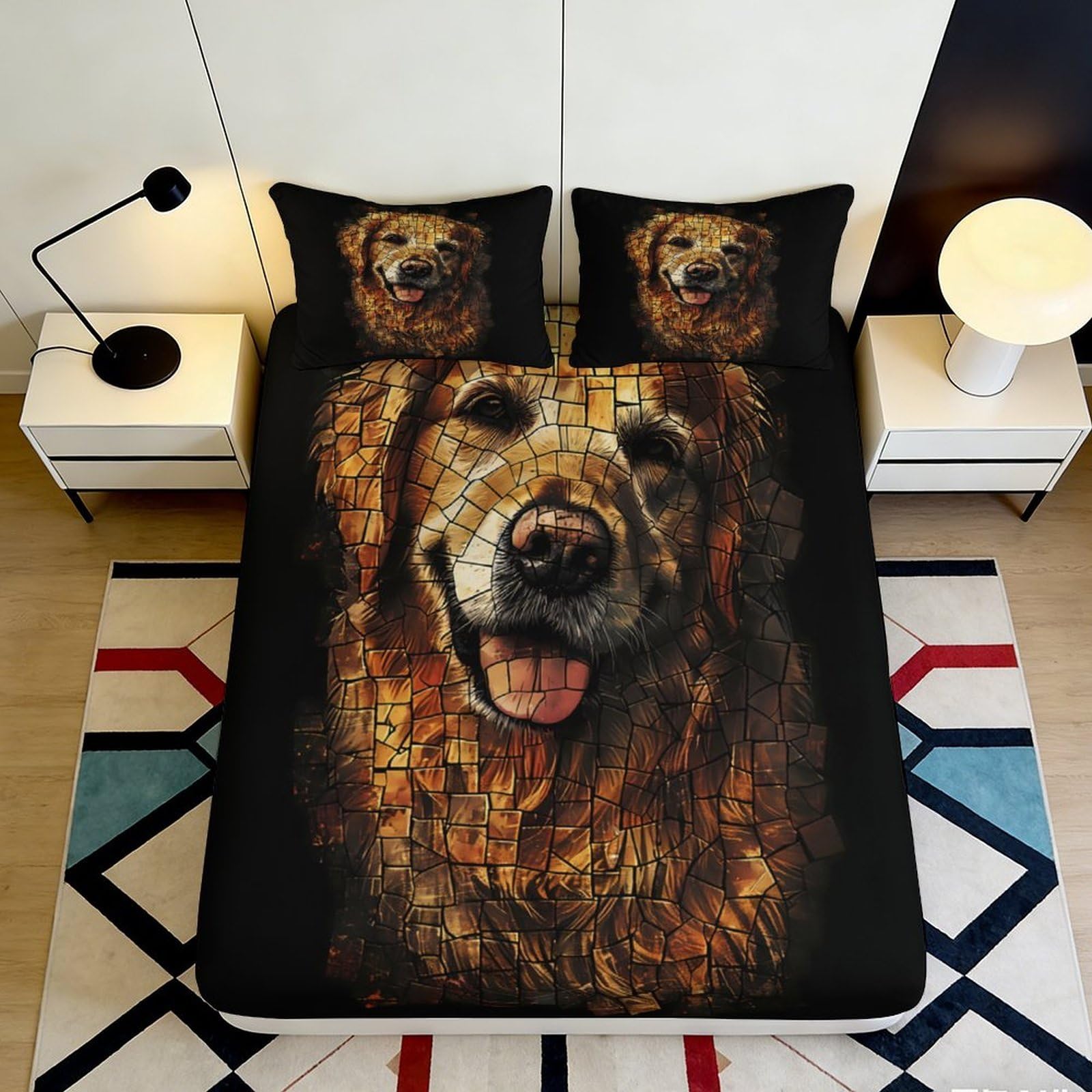 Pnayamiorkfel Style-9 3D Printed Golden Retriever Dog Fitted Sheet Microfiber Non Slip Artistic Mosaic Bed Cover For Bedroom Guest Room Decor 90X200x25cm