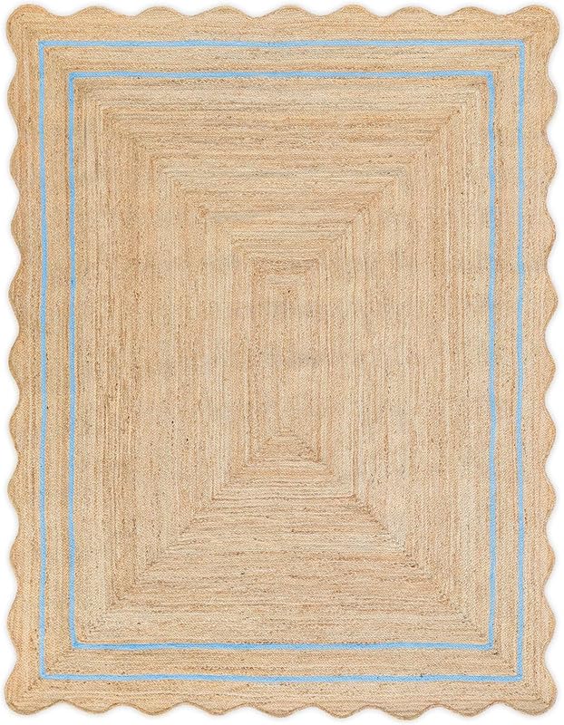 Tapis en jute festonné naturel fabriqué à la main pour salon, chambre à coucher, entrée | Tapis de sol rustique durable | Décoration d'intérieur bohème – 1,2 x 3,7 m – Bordure bleu ciel