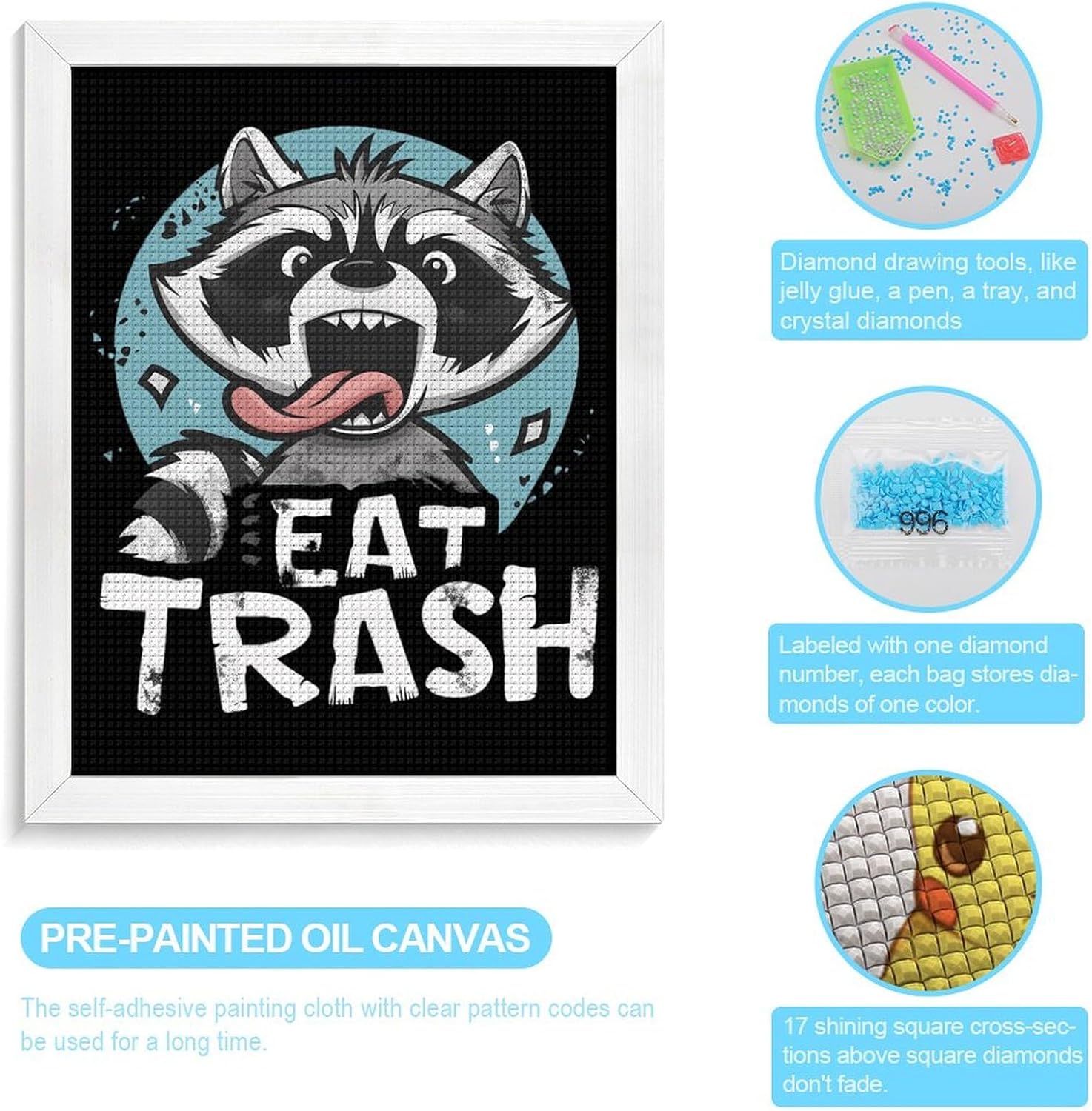 Raccoon Eat Trash Diamond 5D Painting Kits with Frame DIY Full Round Drill Gem Art Crafts for Home Wall Decor 16 X 20in White Wood 40 * 50cm
