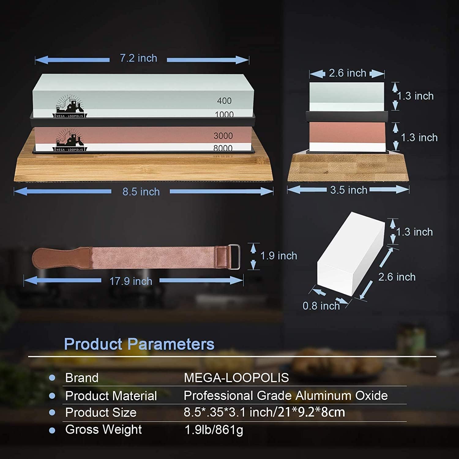 Mega-Loopolis Knife Sharpening Stone set,4 Side Grit 400/1000 3000/8000 Knife Sharpener Whetstone Kit With Cut-Resistant Gloves,Knife,Non-slip Bamboo Base,Flatting Stone,Angle Guide and Leather (A)