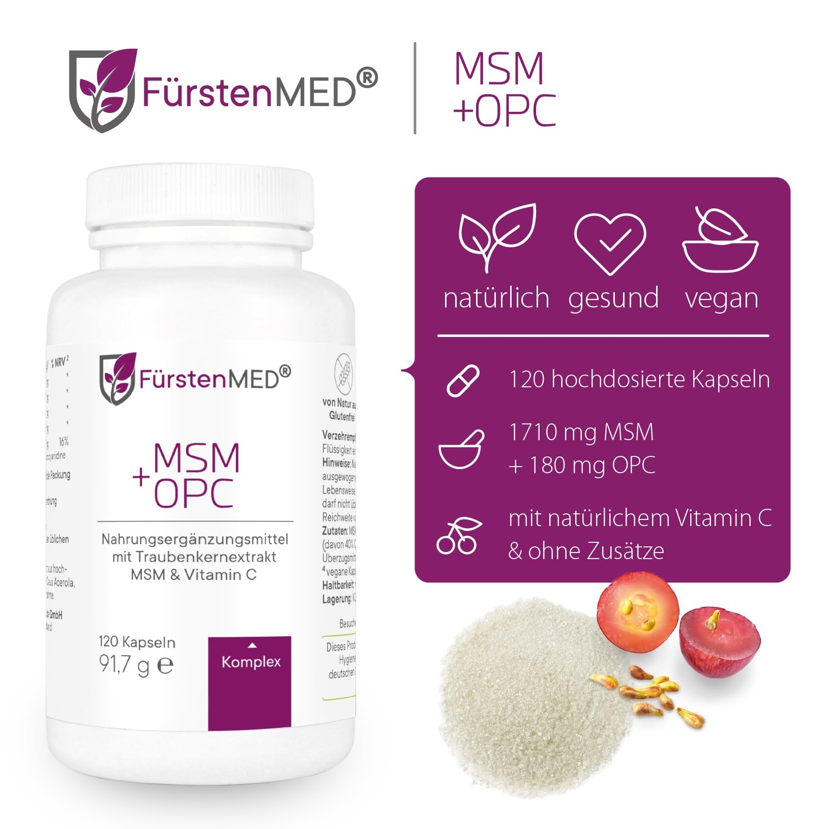 FürstenMED® MSM + OPC Kapseln Hochdosiert mit 1710mg MSM Pulver + 180mg OPC & Vitamin C (aus Acerola) pro Tagesdosis - 120 Kapseln, Vegan, Laborgeprüft & Ohne Zusatzstoffe