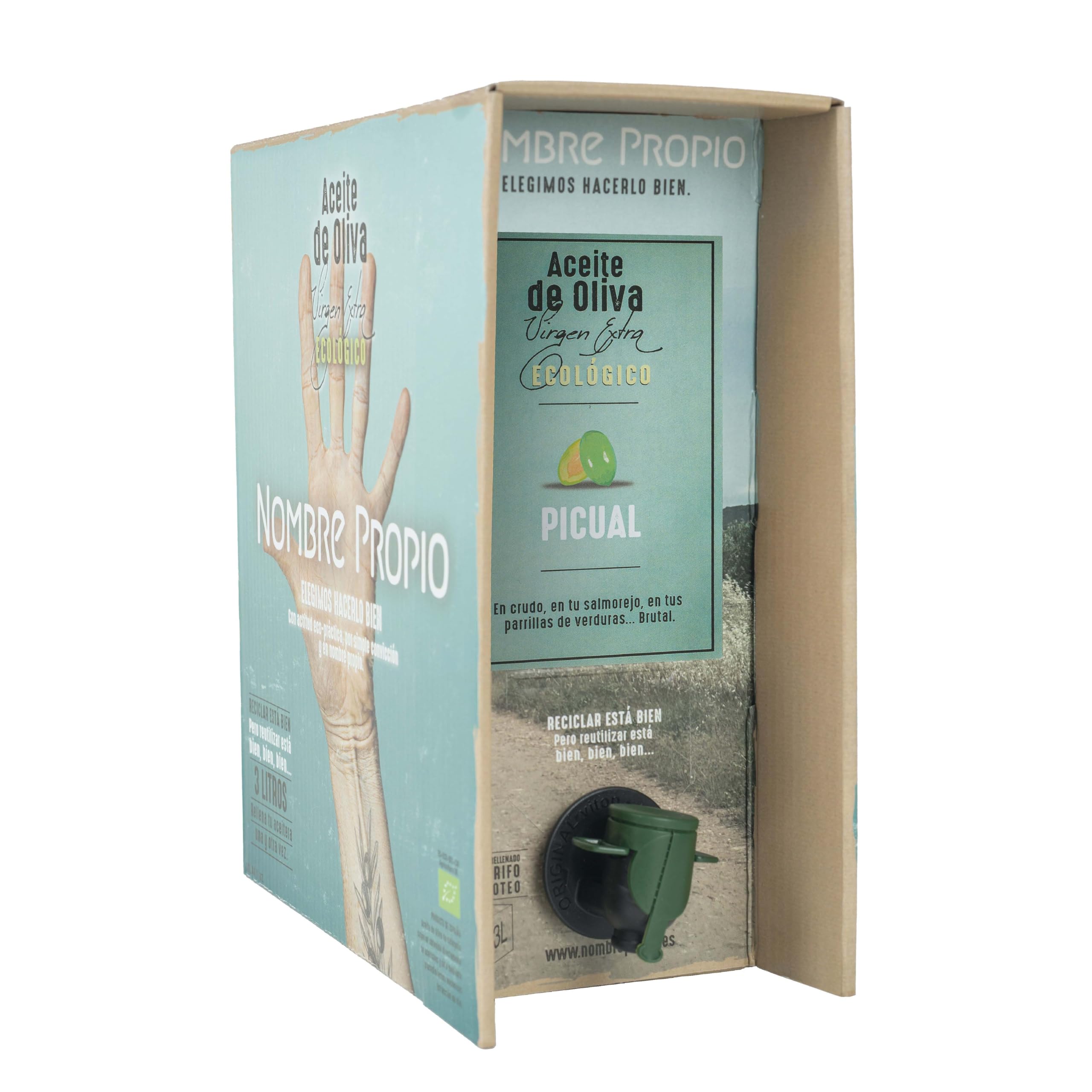 NOMBRE PROPIO Aceite de Oliva Virgen Extra Ecológico 100% Español - Formato Bag in Box, 3L (Picual). Rico en polifenoles. Certificación Europea. AOVE Picual