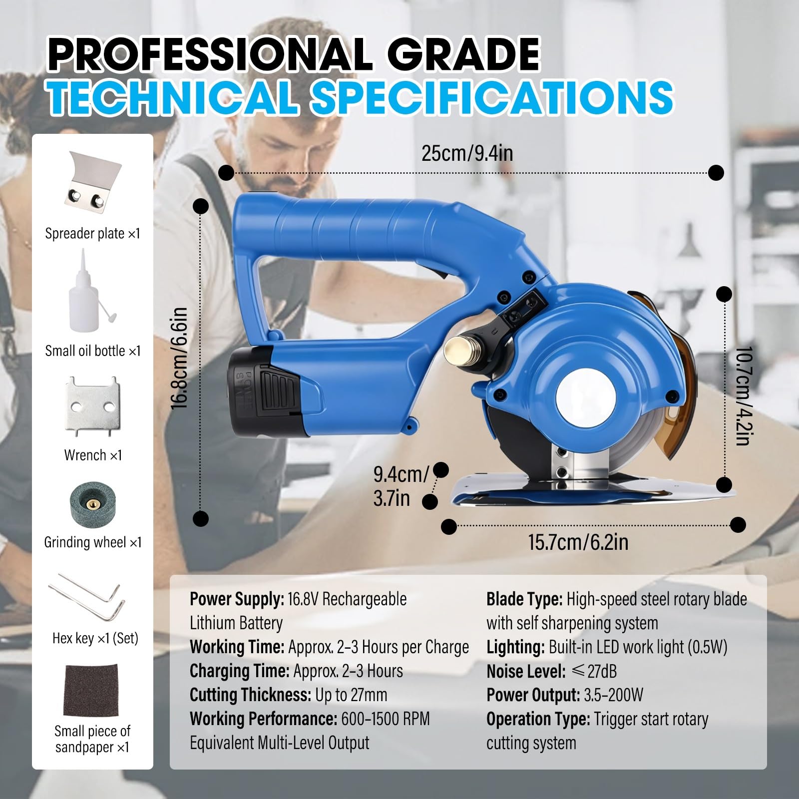 Electric Fabric Cutter Machine Cortadora Tela Recargable Batería Doble 16.8v Cuchilla Autoafilado Capacidad Corte 27mm Cuero Textil Alfombra Cartón Tapicería Costura Taller LED Luz Portátil