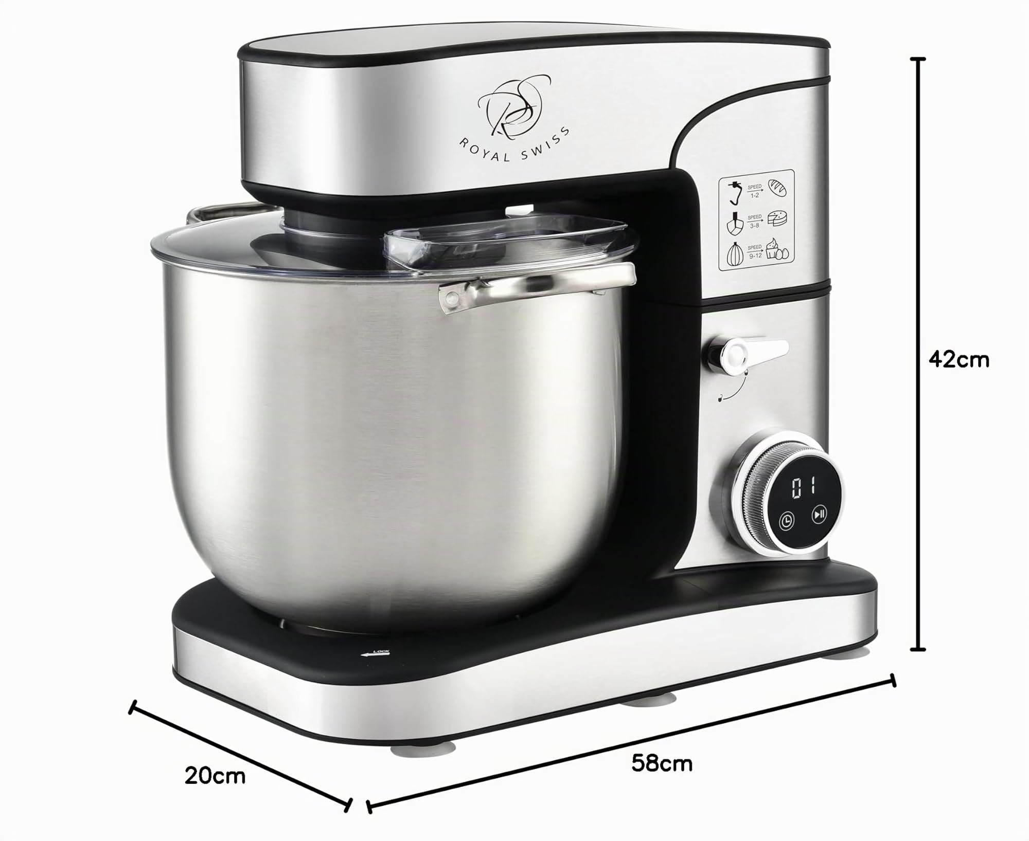 Royal Swiss® Impastatrice Planetaria Professionale 2800W 16L XXXXL – Robot da Cucina con 12 Velocità, Timer LED Touch, Ciotola Inox, Tritacarne, Gancio, Frusta – Mixer per Pane, Pizza, Dolci (16L)