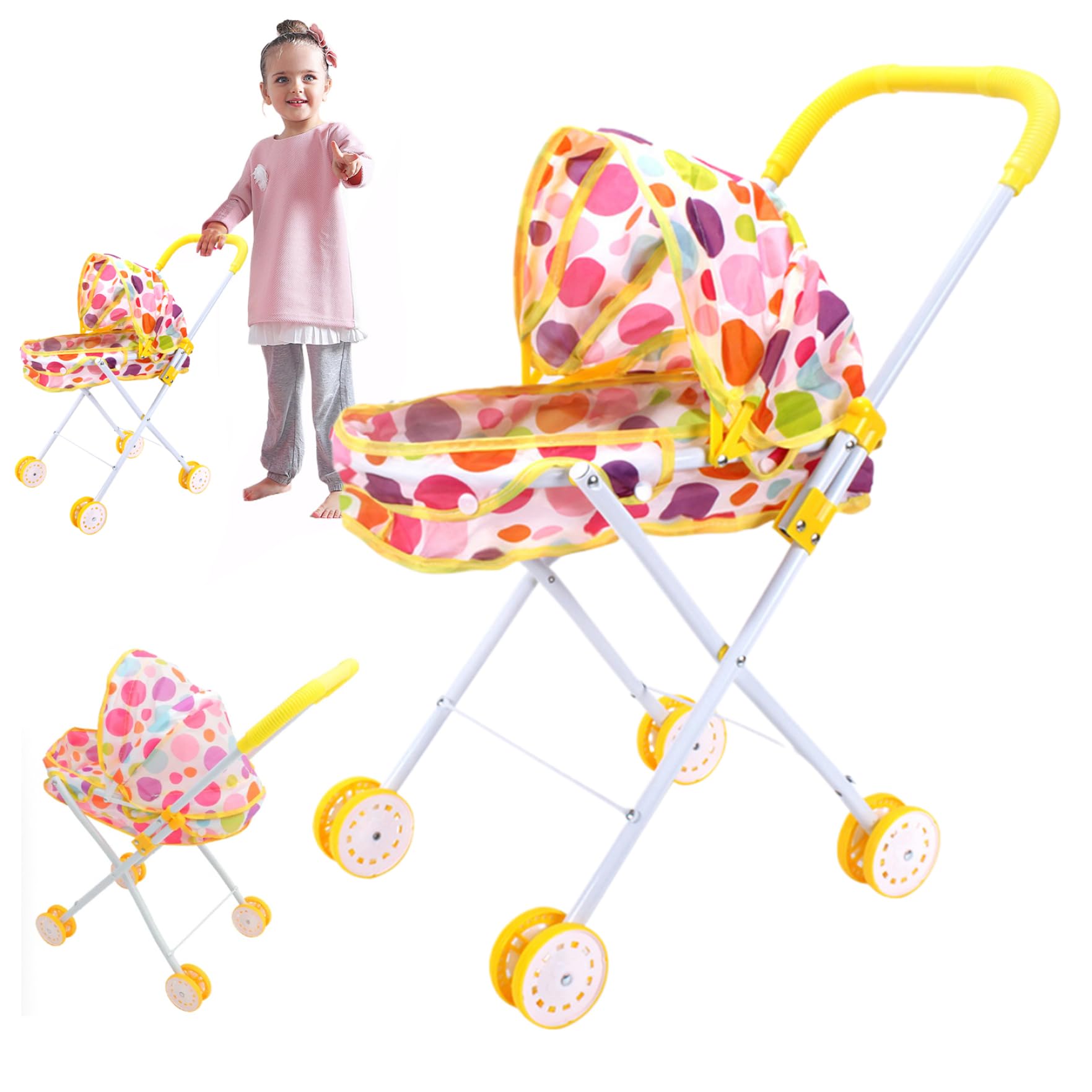 Cochecito para muñecas estable y resistente con dosel infantil ajustable 7