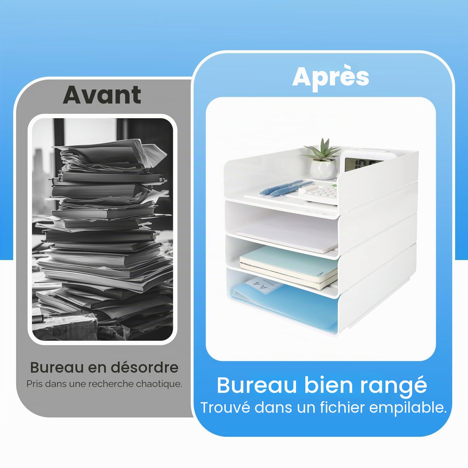 Lot de 4 Corbeille a Courrier Empilable - Bac a Courrier A4 en Plastique Pet Blanc - Rangement Bureau Organisateur - Banette Bureau