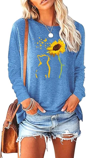 Womens Fall Crewneck Sunflower Graphic Print Tops Long Sleeve Cute Casual Tees