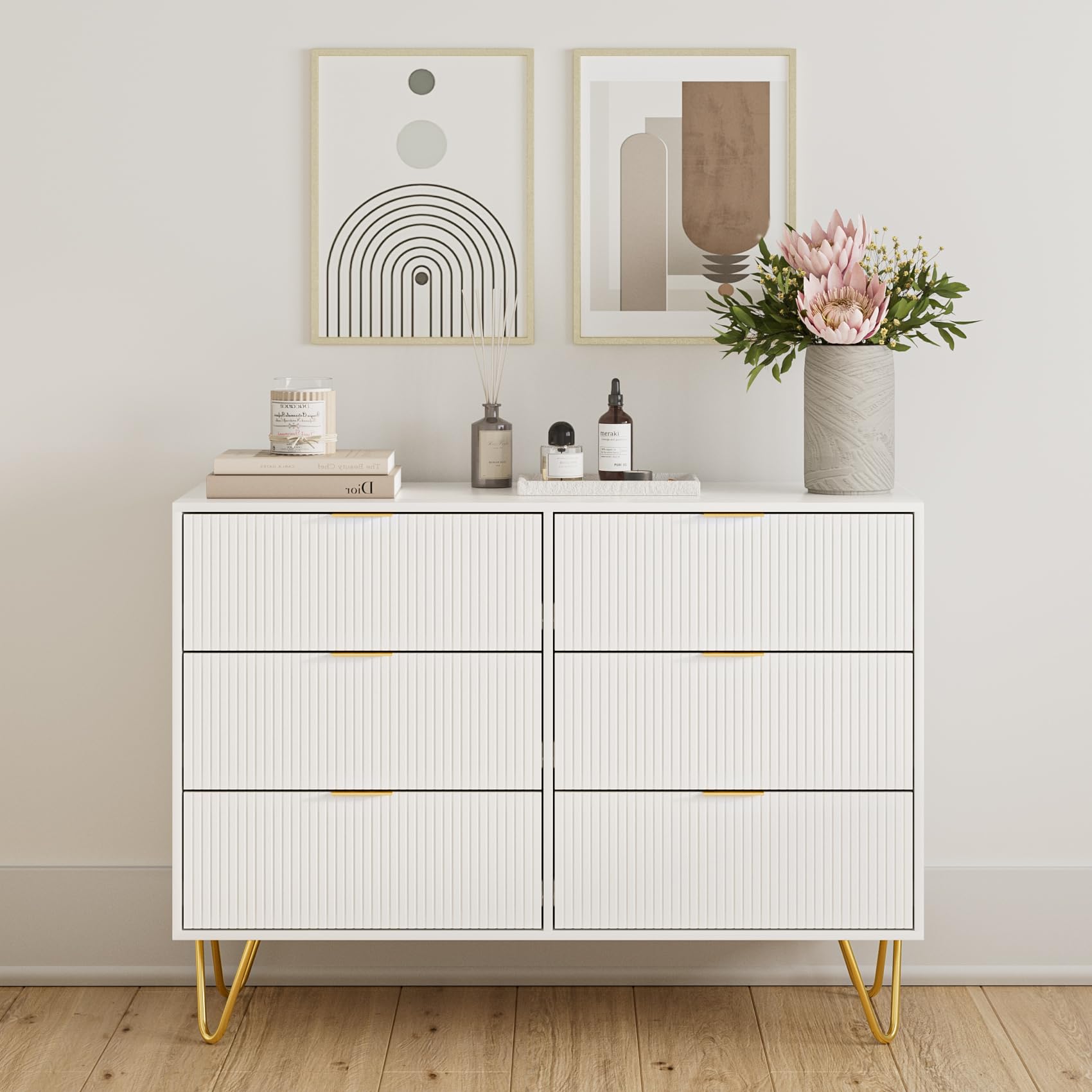 tall white and gold dresser Tyra Tall Dresser Chest, 5 Wave Pattern Drawers With Gold Handles, White