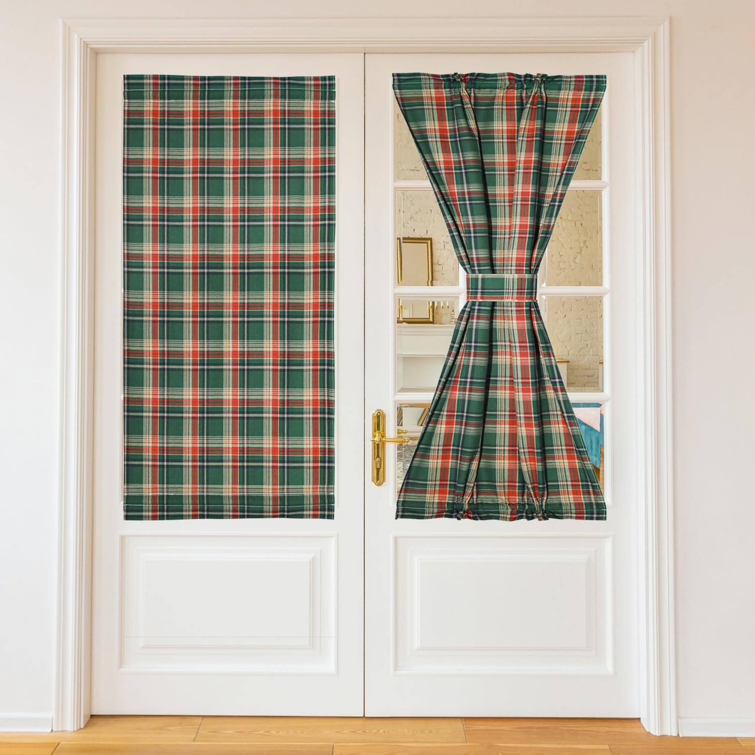 Moslovstar Tartan French Door Curtain 1 Pair Scottish Sidelight Privacy Door Panel Curtains with Tiebacks Plaid Green and Red 25x40 Inch
