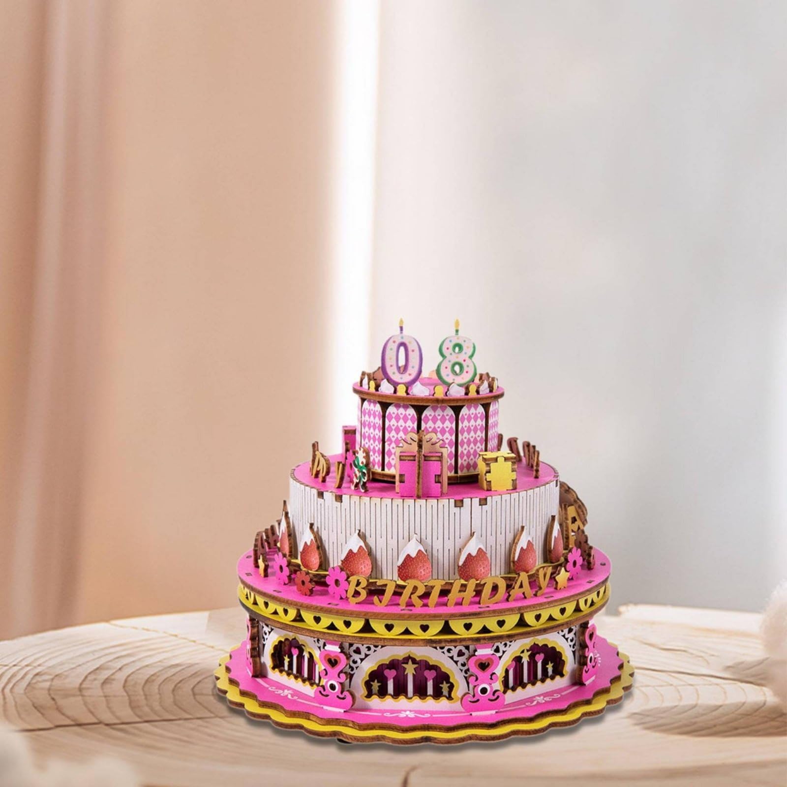 predolo Musikspieluhr Kinderpuzzle Holzkuchen 3D Bausatz Geburtstag Drehendes Puzzle Modell Kreatives Zusammenbau Spielzeug mit Sammelcharakter für Kindergeburtstag Kinderzimmer Geschenk, Pink