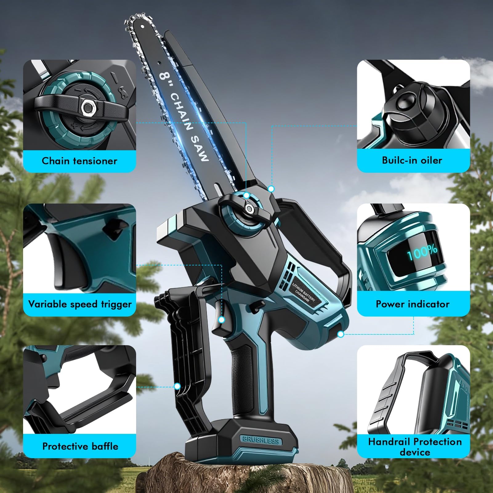 Motosierra Batería 8 Pulgadas, Mini Motosierra Inalámbrica 2x3000mAh, 18V | Motosierra Eléctrica, con 2 Cadenas, Tensión de Cadena y Lubricación sin Herramientas, Brushless, para Jardinería y Árboles