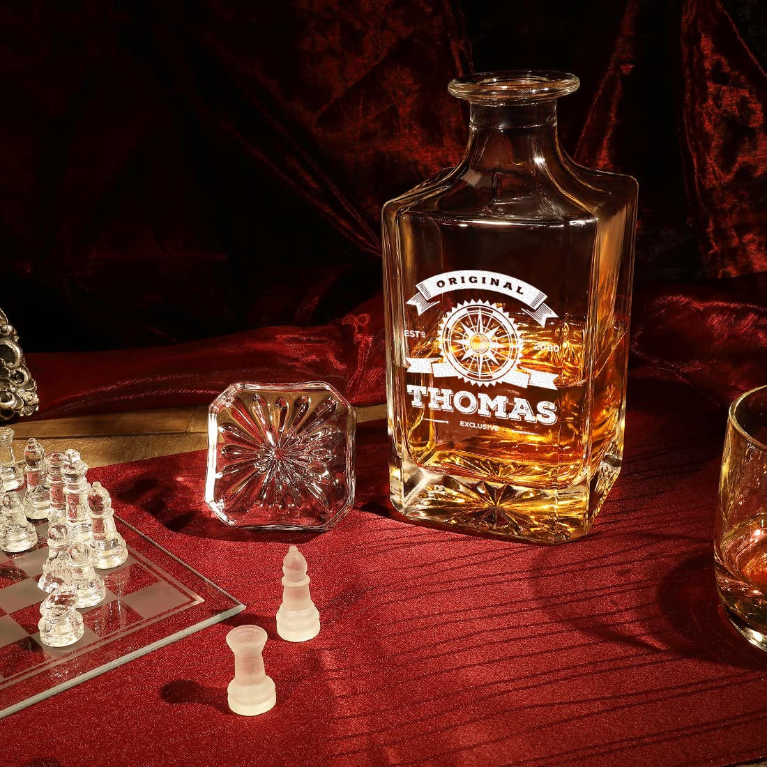 polar-effekt Lot de 2 carafes à whisky avec gravure personnalisée Motif boussole originale avec 1 verre à whisky 320 ml – Verre cristal – Carré – Gentleman – Drink – Anniversaire, Noël