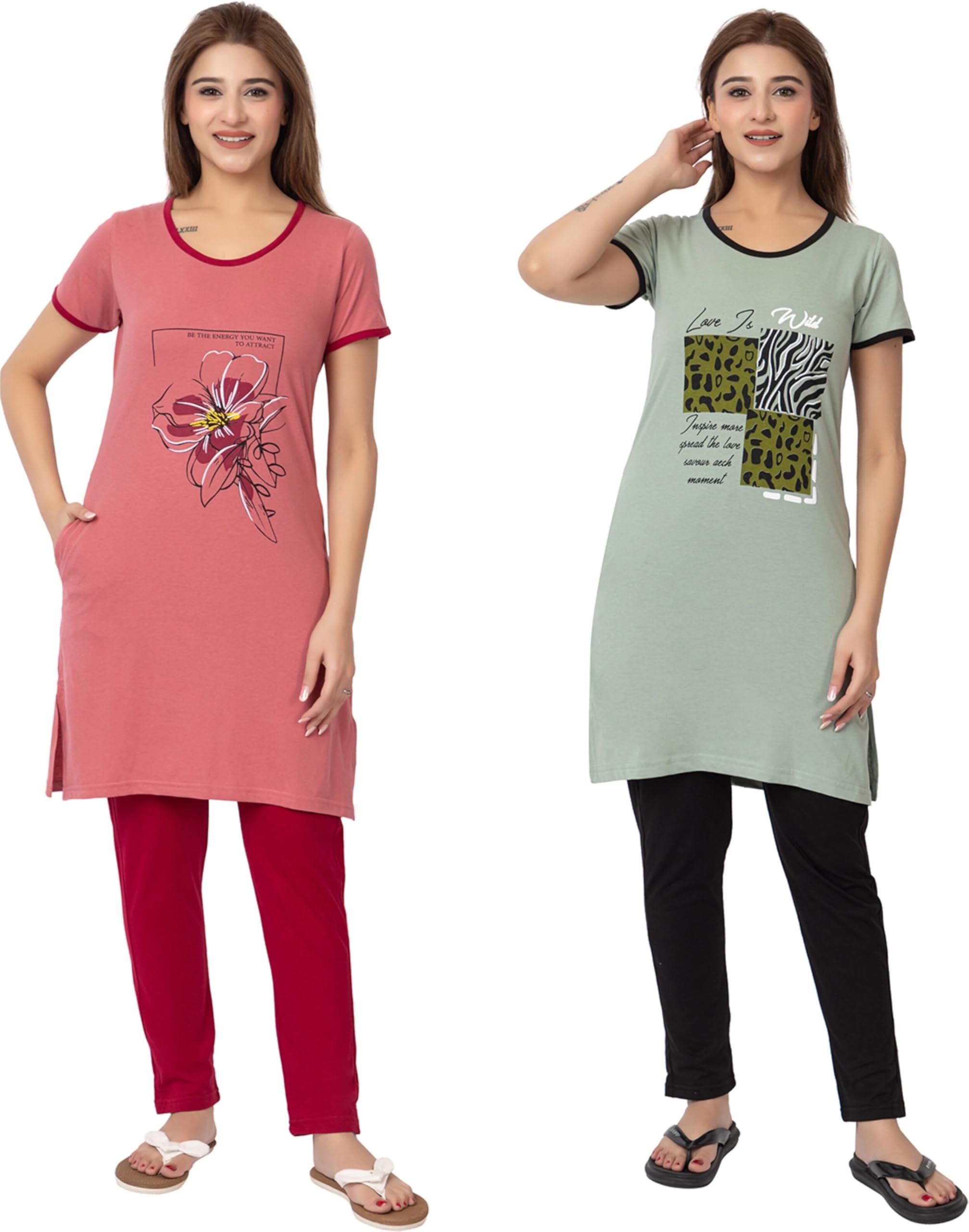 gee 5 Summer Wear Casual Nightwear Round Neck Cotton blend Comfortable and Breathable Sleepwear |Top and Bottom Set| Nightsuit For Women's Combo set (2 Pcs)-picture-44