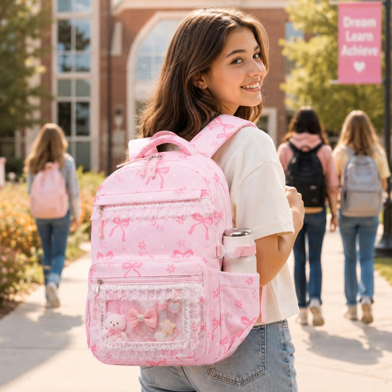 LEDAOU Rucksack für Mädchen, Schultasche, Kinder, Büchertasche, Teenager-Rucksack-Set, Tagesrucksack mit Lunchtasche und Federmäppchen, A-Spitze Schleife Rosa, 17.3"H x 12.2"L x 5.9"W | Kinder